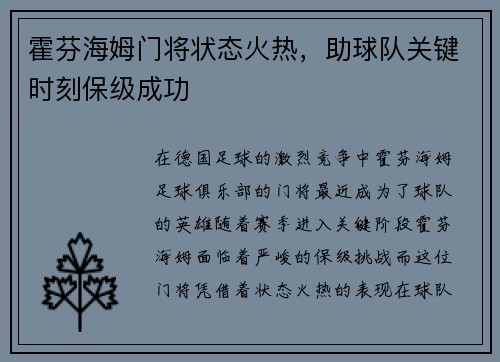霍芬海姆门将状态火热，助球队关键时刻保级成功